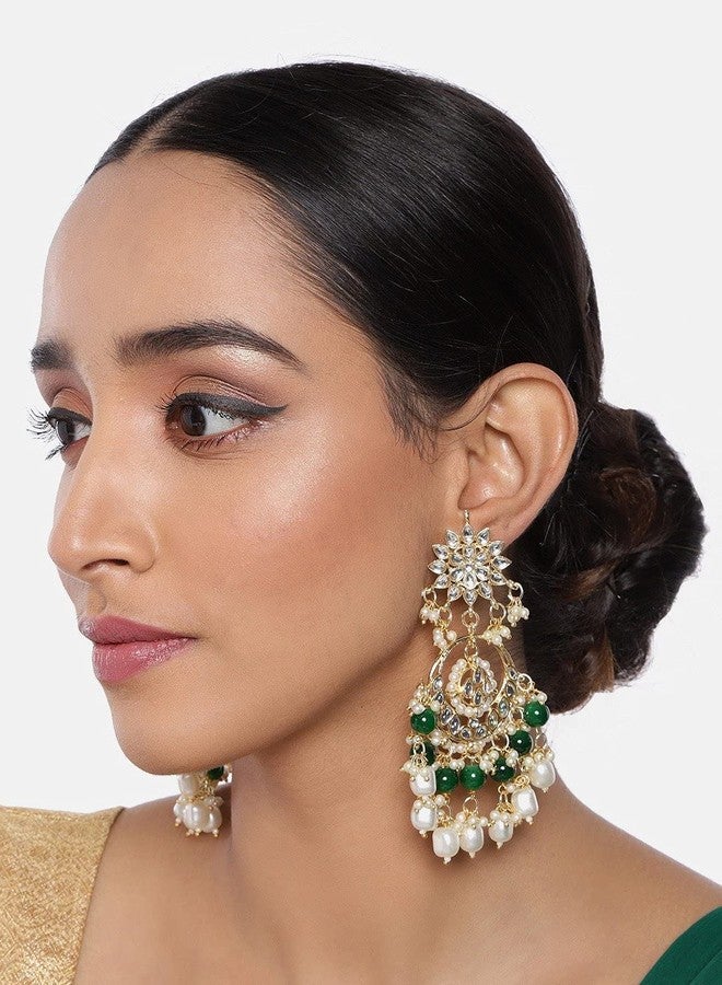 Aheli Kundan Pearl Floral Green Chandbali Earrings Indian Traditional Bollywood Jewelry Gift for Women - Image 5