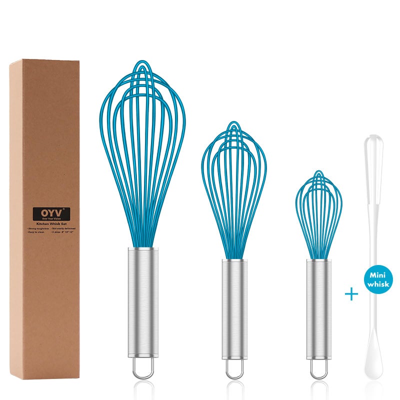 OYV Silicone Whisk,Professional Whisks For Cooking Non Scratch,Stainless Steel wired wisk,Plastic Rubber Whisk Tool For Nonstick Cookware Pans,Silicon Wisks Set of 4,Blue. - Image 1