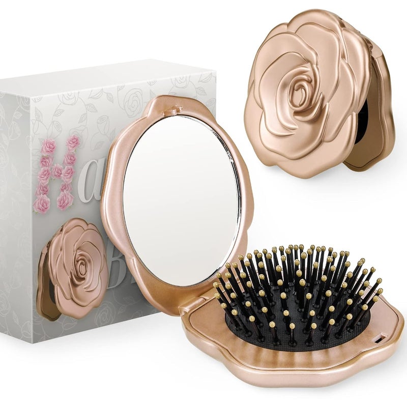 Folding Hair Brush Mini Pocket Travel Mirror Brush Easy to Carry for Small Spaces Nylon BrushCombHairBrush for Women Mens Any Hairstyles Hair and Beards Wet Dry Hair Restore Shine Champagne