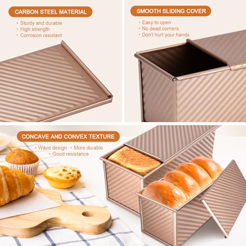Dipanist 2Pack Large Bread Pan with Lids – 2.2LB Dough Capacity, Non-Stick Carbon Steel Bread Pans for Homemade Sandwich and Sourdough Bread, Corrugated Toast Mold(Gold) - Image 4