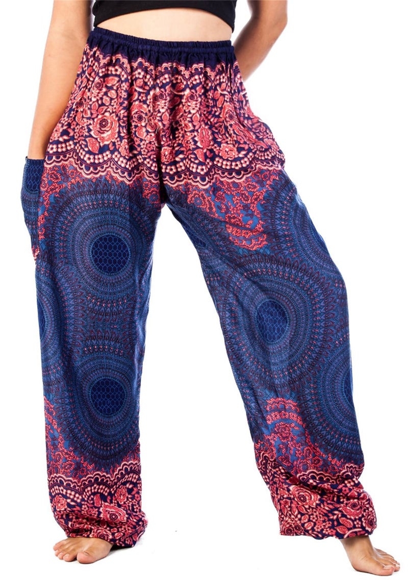 LOFBAZ Yoga Pants for Women's Maternity Harem Hippie Boho Travel Lounge Clothing Bohemian Indian Beach Casual Clothes Rose 1 Dark Blue XL - Image 5