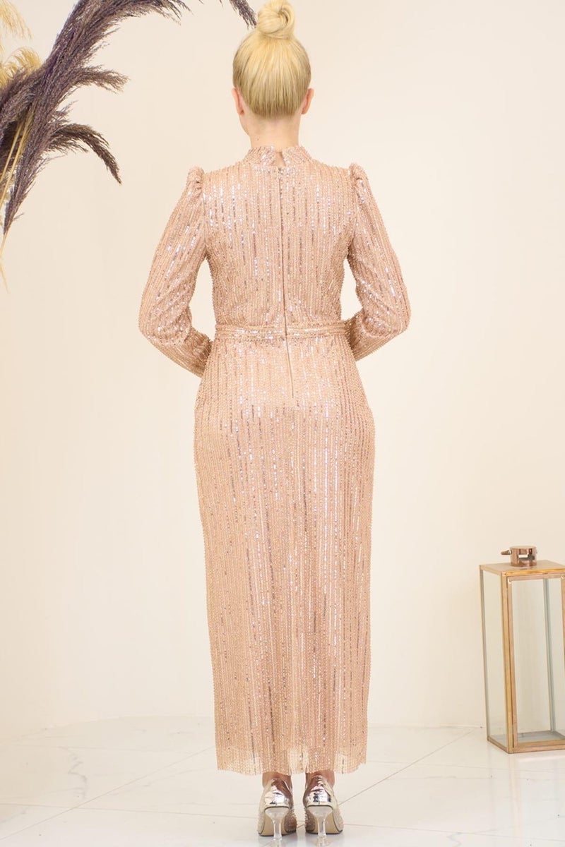 Esilanur Tulle Beaded Ankle Length Asel Hijab Evening Dress Gold  - Image 3