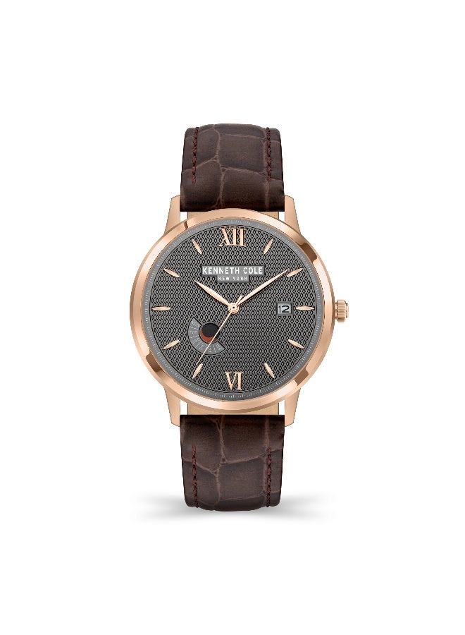 Kenneth Cole New York ساعة أنالوج للرجال بقرص رمادي معدني وحزام جلد بني - 42 مم - Image 1