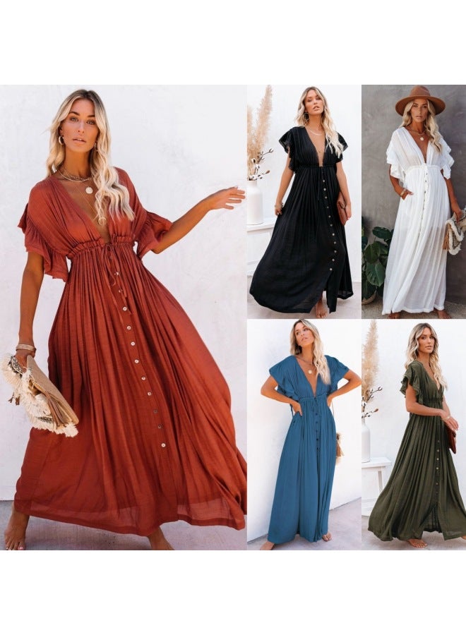 Independent Station Solid Color Beach Blouse Long Skirt Sunscreen Shirt Hawaii Seaside Vacation Cardigan Long Foreign Trade-Color:-8 Skin Powder-  - Image 2