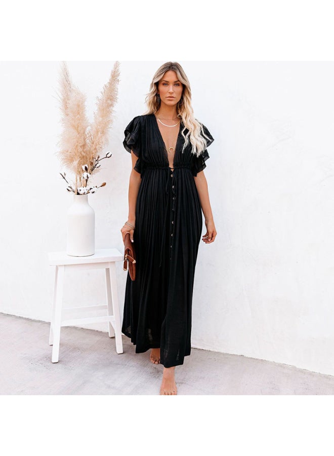 Independent Station Solid Color Beach Blouse Long Skirt Sunscreen Shirt Hawaii Seaside Vacation Cardigan Long Foreign Trade-Color:-8 Skin Powder-  - Image 5