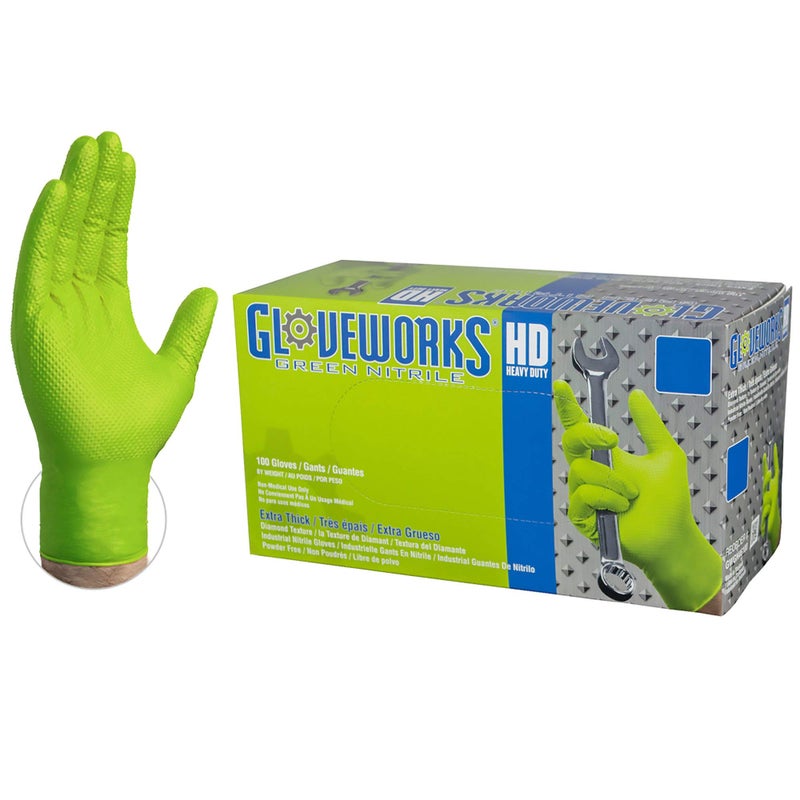 قفازات GLOVEWORKS HD نيتريل خضراء صناعية قابلة للتصرف 8 مل خالية من اللاتكس بنمط الماس المرتفع حجم كبير علبة من 100