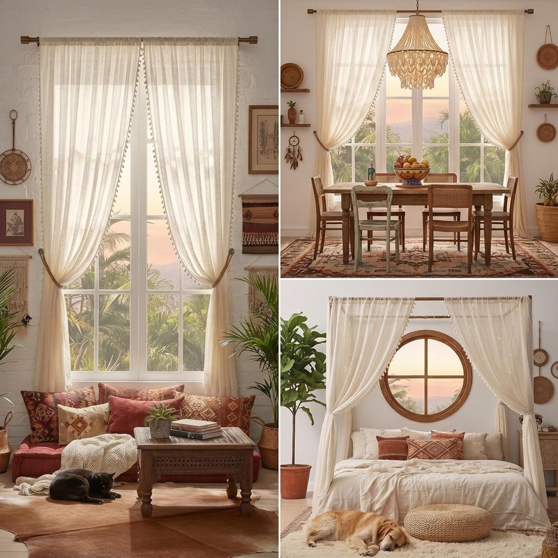 WAZZIO Boho Lace Curtains 96 inch Curtains 2 Panel,Rod Pocket Vintage Bohemian Farmhouse Crochet Cotton Geometry Privacy Sheer Curtain Drapes Farmhouse for Living Room Bedroom,Beige - Image 3