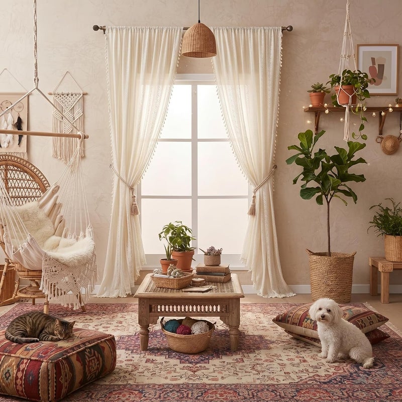 WAZZIO Boho Lace Curtains 96 inch Curtains 2 Panel,Rod Pocket Vintage Bohemian Farmhouse Crochet Cotton Geometry Privacy Sheer Curtain Drapes Farmhouse for Living Room Bedroom,Beige - Image 2