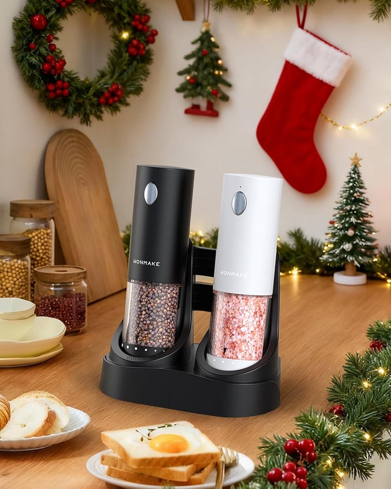 WONMAKE Electric Salt and Pepper Grinder Set - Automatic Refillable Salt and Pepper Grinders with Charging Base & LED Light, 6-Level Adjustable Coarseness with External Dial, Ideal Kitchen Gadget，Black& White - Image 3
