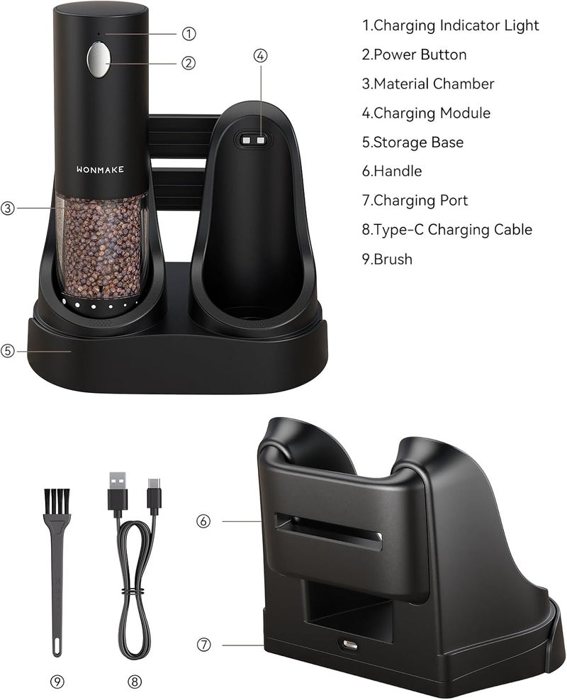 WONMAKE Electric Salt and Pepper Grinder Set - Automatic Refillable Salt and Pepper Grinders with Charging Base & LED Light, 6-Level Adjustable Coarseness with External Dial, Ideal Kitchen Gadget，Black& White - Image 4