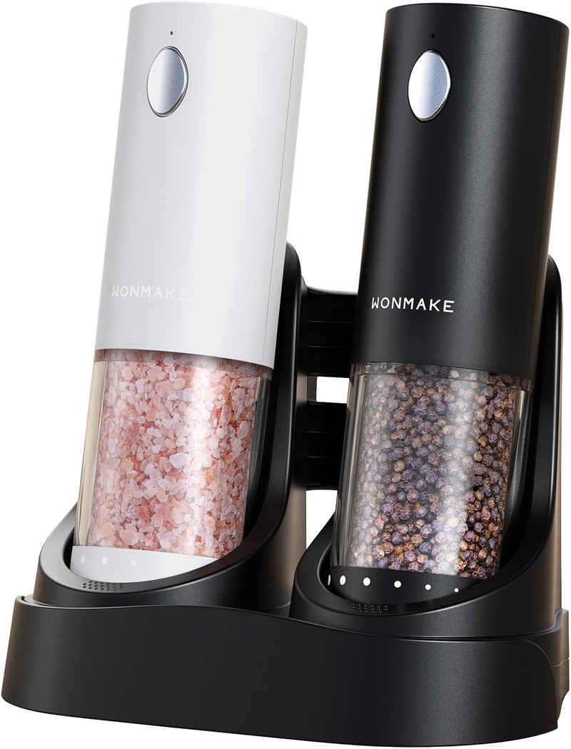 WONMAKE Electric Salt and Pepper Grinder Set - Automatic Refillable Salt and Pepper Grinders with Charging Base & LED Light, 6-Level Adjustable Coarseness with External Dial, Ideal Kitchen Gadget，Black& White - Image 1