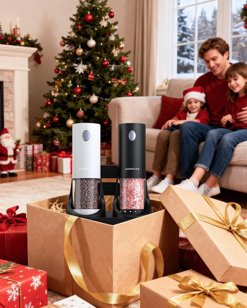 WONMAKE Electric Salt and Pepper Grinder Set - Automatic Refillable Salt and Pepper Grinders with Charging Base & LED Light, 6-Level Adjustable Coarseness with External Dial, Ideal Kitchen Gadget，Black& White - Image 2