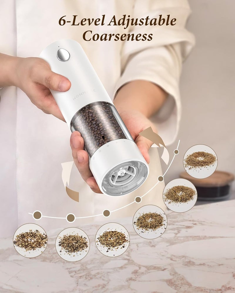 WONMAKE Electric Salt and Pepper Grinder Set - Automatic Refillable Salt and Pepper Grinders with Charging Base & LED Light, 6-Level Adjustable Coarseness with External Dial, Ideal Kitchen Gadget，Black& White - Image 5