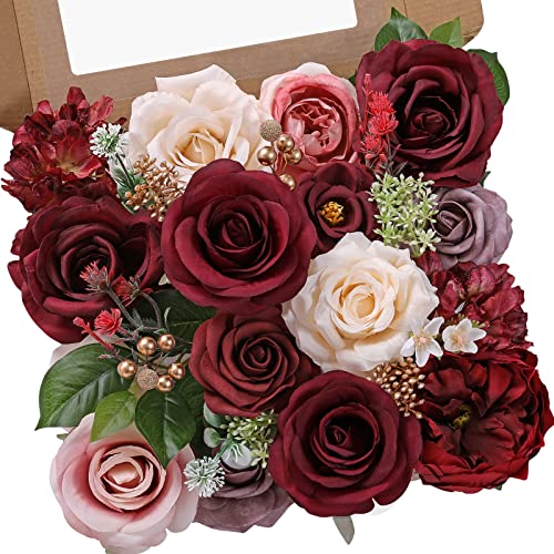 Serwalin Burgundy Artificial Flowers Combo Fake Cake Rose with Stems for DIY Wedding BouquetsTable Centerpieces Floral Arrangements Home Party Valentines Decor