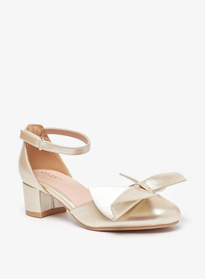 Celeste Girls' Bow Applique Ankle Strap Ballerinas With Block Heels