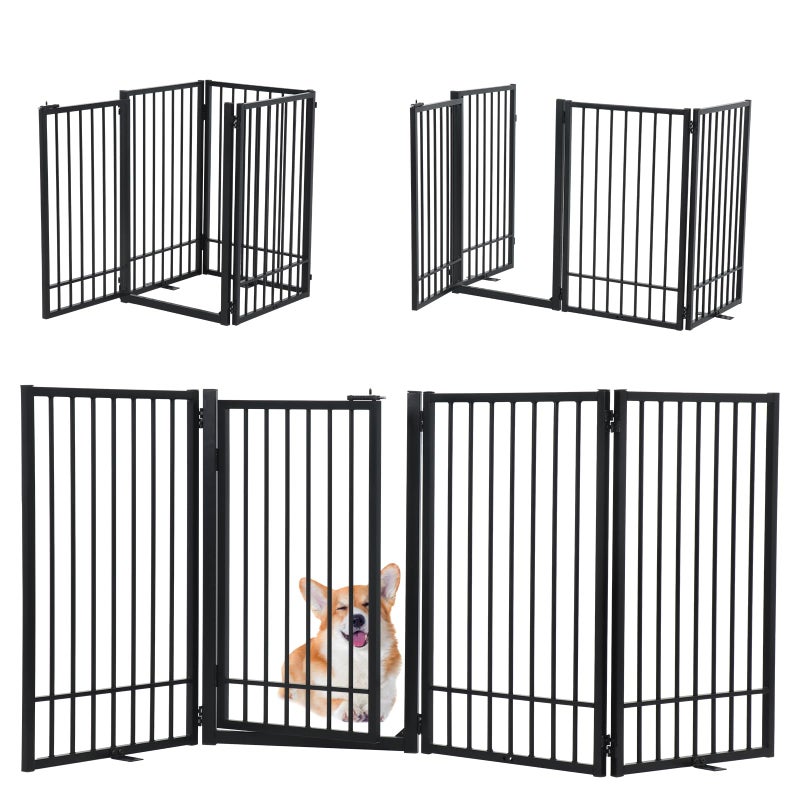 SMONTER Free Standing Dog Gate with Door Walk Through 805 Extra Wide Indoor Dog Fence 315 Height 4 Panels Foldable Metal Pet Puppy Gate for Stairs Hallways Doorway