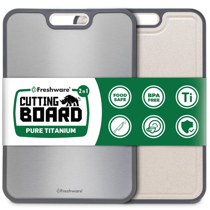 Freshware Titanium Cutting Board for Kitchen, Double Sided and Non Slip Cutting Boards, Pure Titanium/PP, Chopping Board with Juice Grooves, Dishwasher Safe, Large 15.2" by 10.5" - Image 1