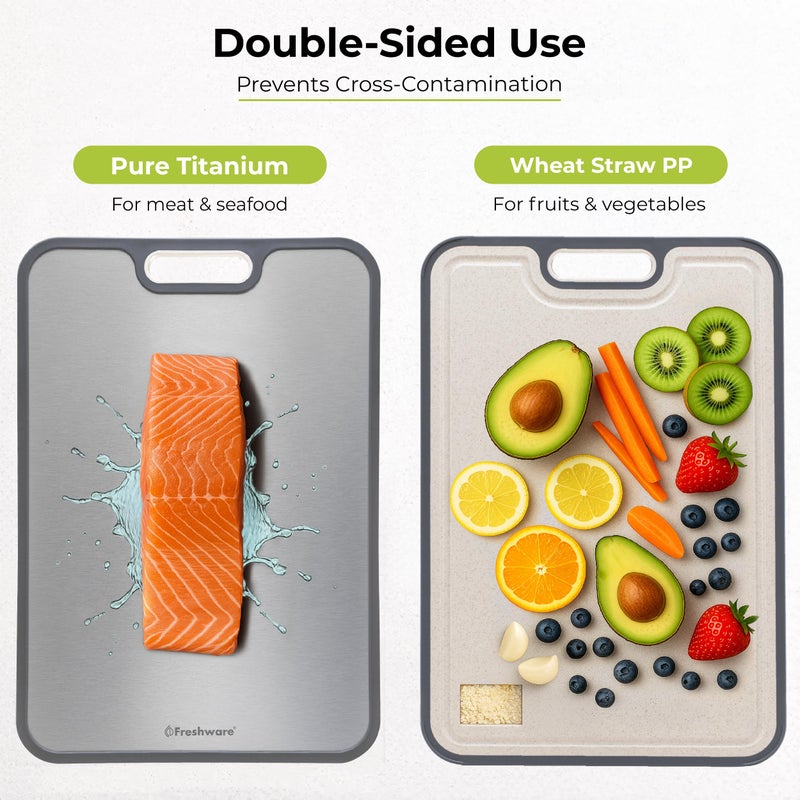 Freshware Titanium Cutting Board for Kitchen, Double Sided and Non Slip Cutting Boards, Pure Titanium/PP, Chopping Board with Juice Grooves, Dishwasher Safe, Large 15.2" by 10.5" - Image 2