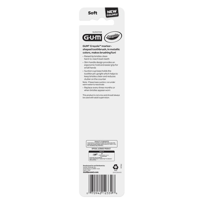 GUM Crayola Marker Childrenâ€™s Toothbrush, Soft Bristled Kidsâ€™ Toothbrush Set Age 3+, Suction Cup Base, 2 Count - Image 2