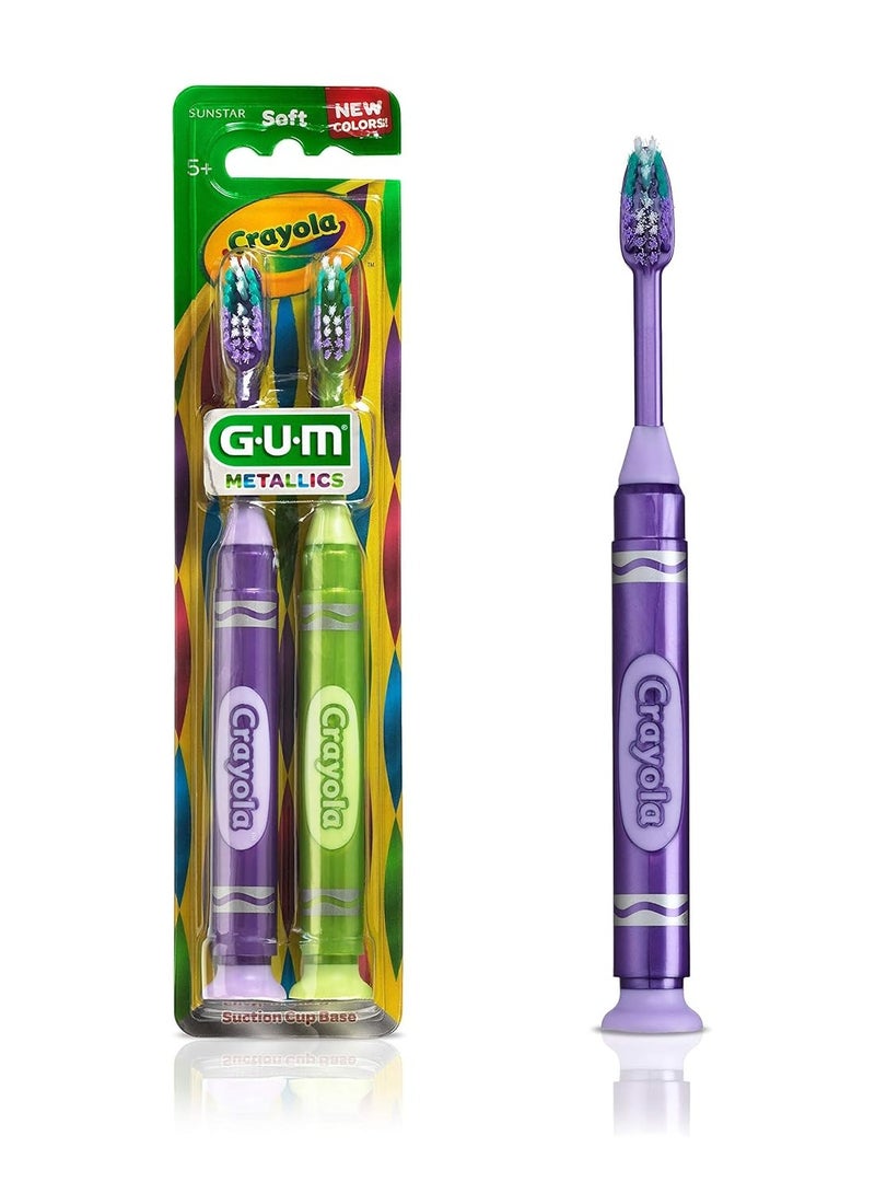 Gum GUM Crayola Marker Children’s Toothbrush, Soft Bristled Kids’ Toothbrush Set Age 3+, Suction Cup Base, 2ct - Image 1
