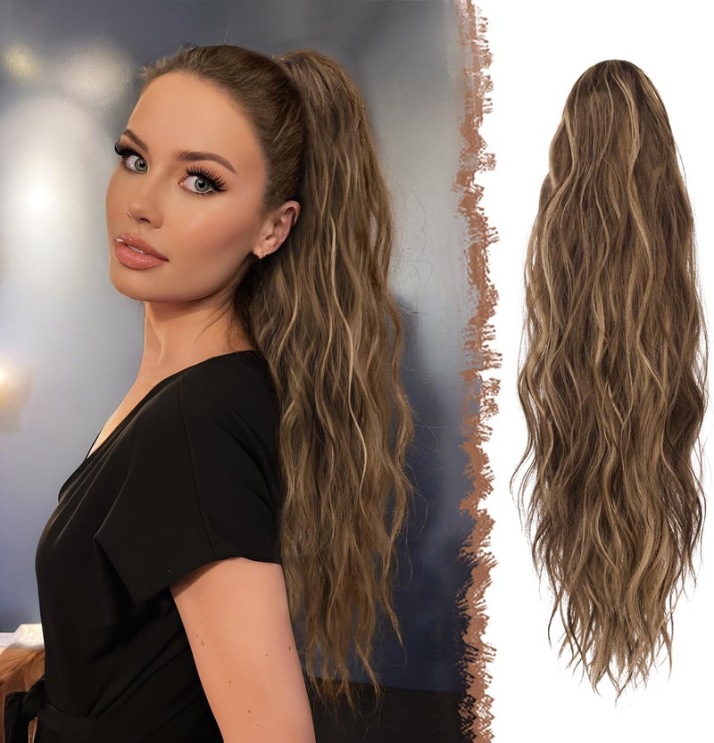 FESHFEN Ponytail Extensions 26 inch Long Claw Clip in Pony tail Hairpiece Synthetic Pony Tails Hair Piece Ponytails with Claw Natural Wavy for Women Girls Honey Blonde Mixed Light Brown