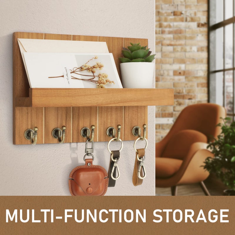 Rebee Vision Farmhouse Key Holder for Wall - Decorative Wall Shelf with Key Hooks & Mail Organizer Wall Mount for Apartment Essentials - Rustic Living Room Decor (Light Brown, 3.54"D x 10"W x 7.28"H) - Image 2