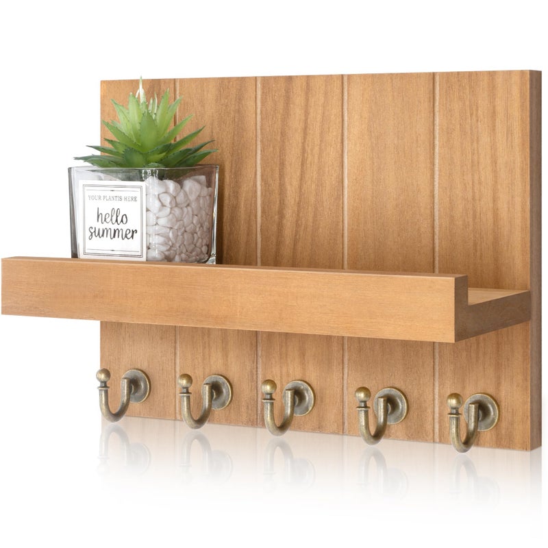 Rebee Vision Farmhouse Key Holder for Wall - Decorative Wall Shelf with Key Hooks & Mail Organizer Wall Mount for Apartment Essentials - Rustic Living Room Decor (Light Brown, 3.54"D x 10"W x 7.28"H) - Image 1