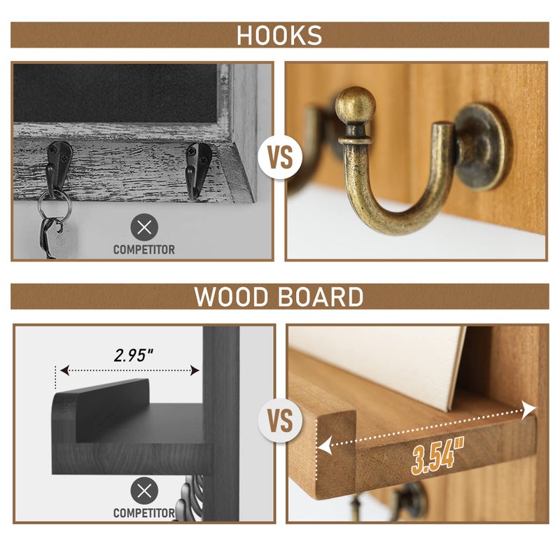 Rebee Vision Farmhouse Key Holder for Wall - Decorative Wall Shelf with Key Hooks & Mail Organizer Wall Mount for Apartment Essentials - Rustic Living Room Decor (Light Brown, 3.54"D x 10"W x 7.28"H) - Image 5