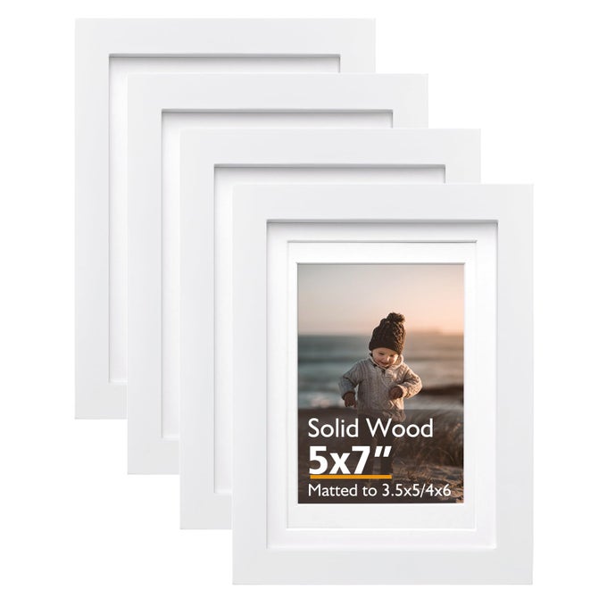5X7 PICTURE FRAME WHITE SOLID WOOD FRAMES WITH ACRYLIC PLEXIGLASS FOR PICTURES 4X6 WITH MAT OR 5X7 WITHOUT MATTABLETOP AND WALL DISPLAY PHOTO FRAME SET OF 4