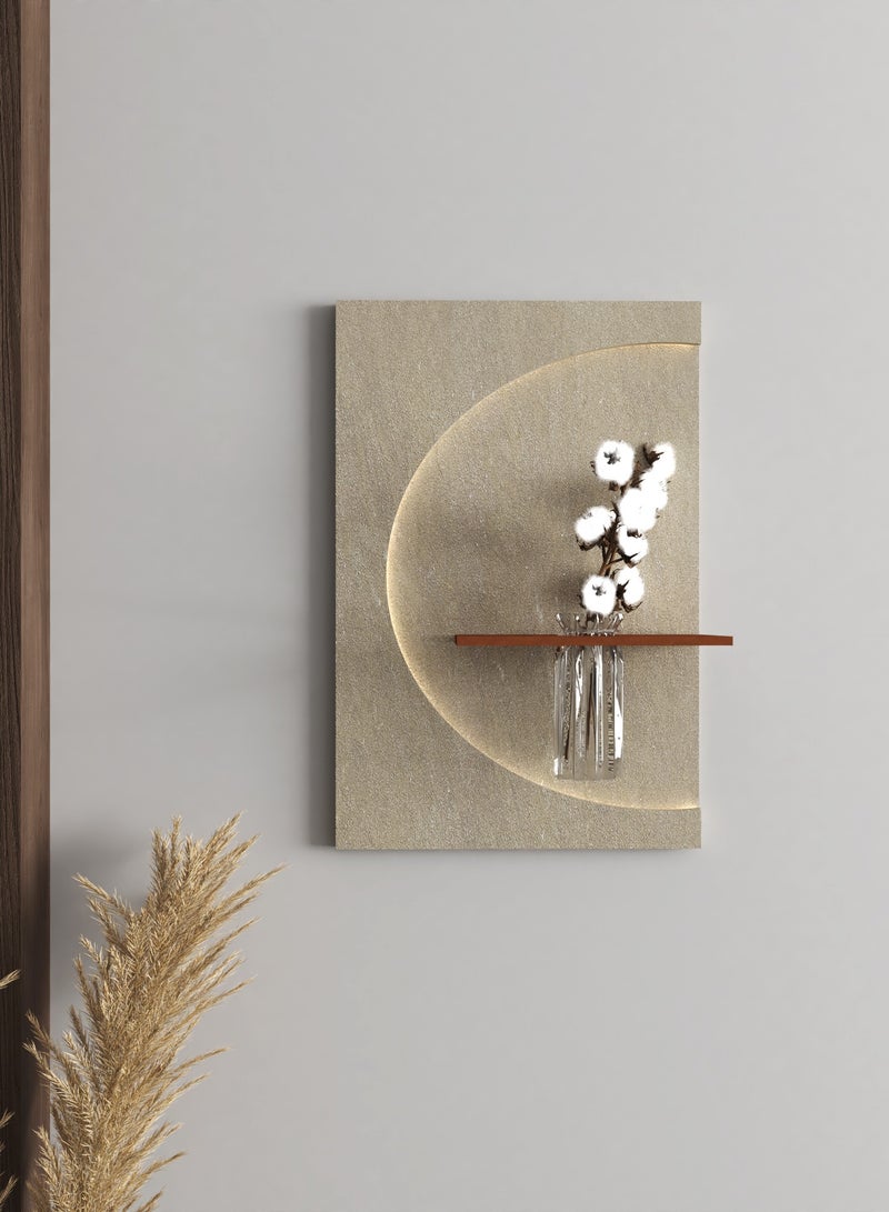 Marktna Illuminated wooden wall fixture with an artistic design and a vase.