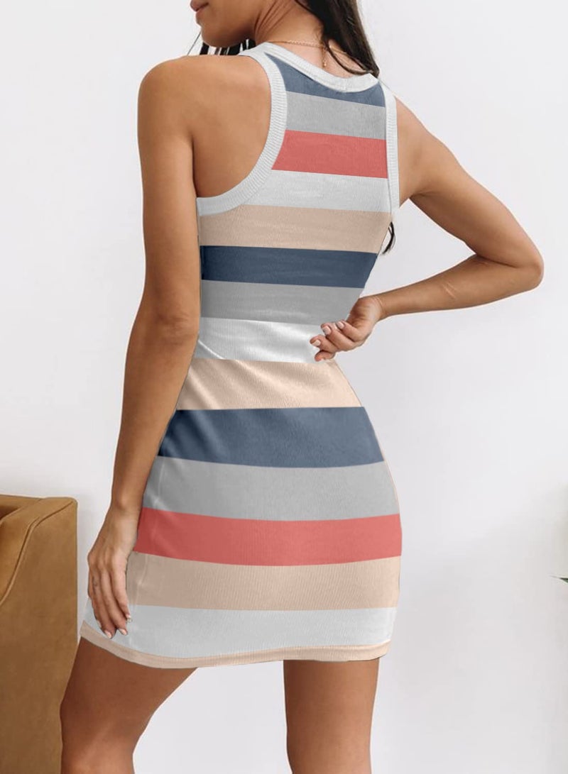 Samefar Womens Summer Sexy Bodycon Dress Scoop Neck Slim Ribbed Sleeveless Tank Dresses Stripd Multicolor Mini Dress Medium - Image 3