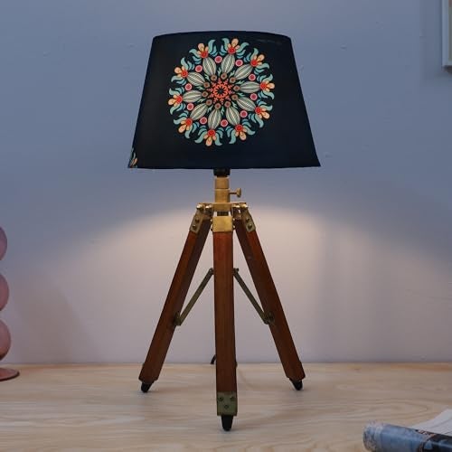 tu casa Classic Vintage Tripod Brown Brass & Wooden Bedside Table Lamp French Floral Print Satin Shade for Home Decoration Bedroom Living Room Lounge Office Gifting Study Table H - 21" / No Blub - Image 1