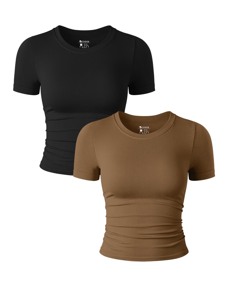 OQQ Womens 2 Piece Shirts Short Sleeve Crew Neck Ruched Stretch Fitted Tee Shirts Crop Tops Black Coffee - Image 1