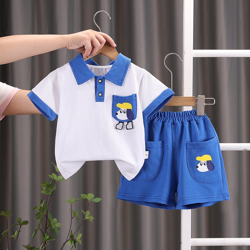 Childrens Short-sleeved suit New Korean-style Colorblock Summer Short-sleeved Shorts Lel Boys and Girls Casual Sports Sleeves Trendy Blue