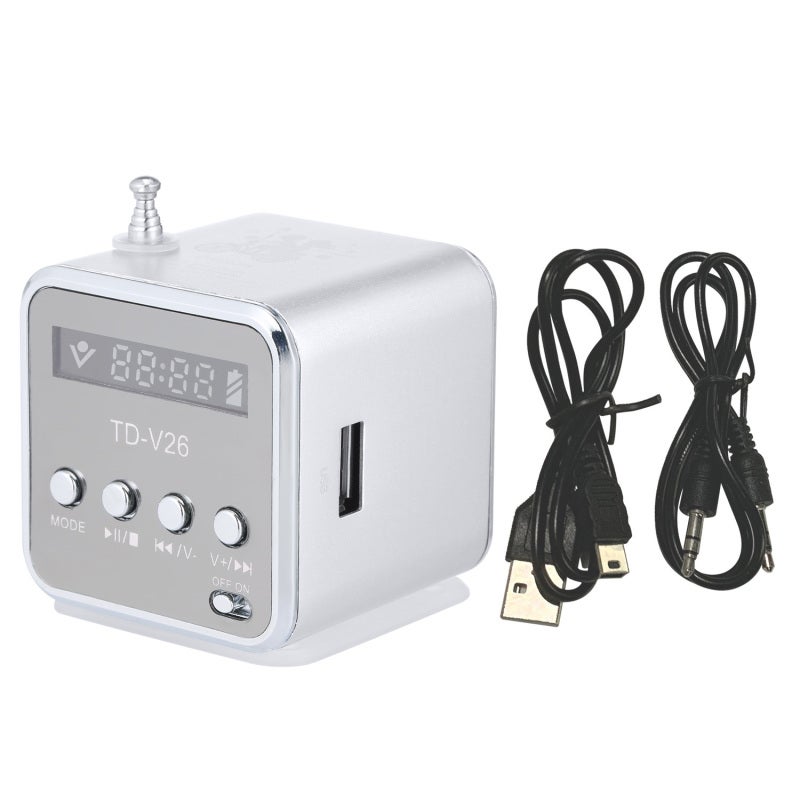 سبيكر صغير: إطار من سبائك الألومنيوم الفضي مقاس 5.2×4.8×4.8 سم - تشغيل بطاقة TF ويو إس بي وعرض شاشة LCD و راديو إف إم لمحبي الموسيقى المتحركين - Image 4