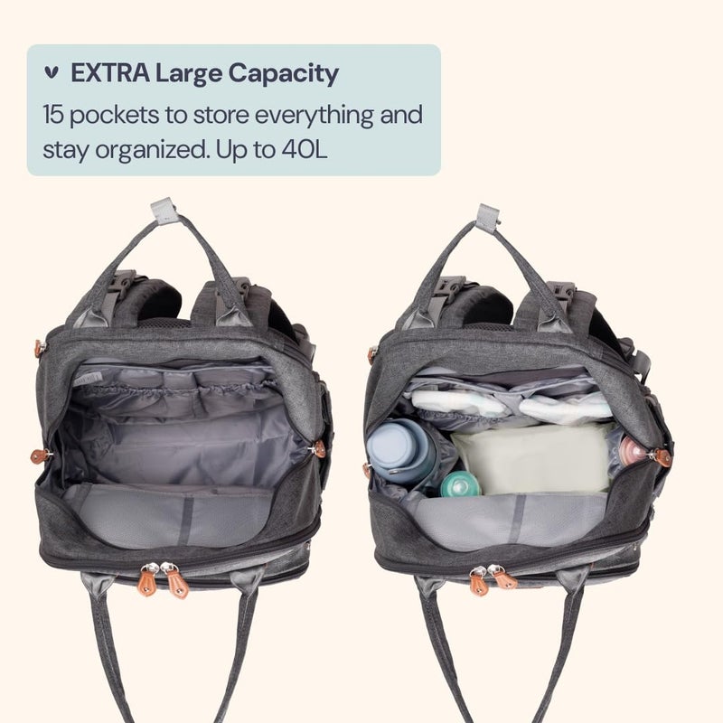 BabbleRoo Extra Large Diaper Bag Backpack, Expandable Baby Bag with Up to 50% More Capacity - Travel Essentials Baby Bag Tote with Changing Pad, Stroller Straps & Pacifier Case - Unisex, Dark Gray - Image 3