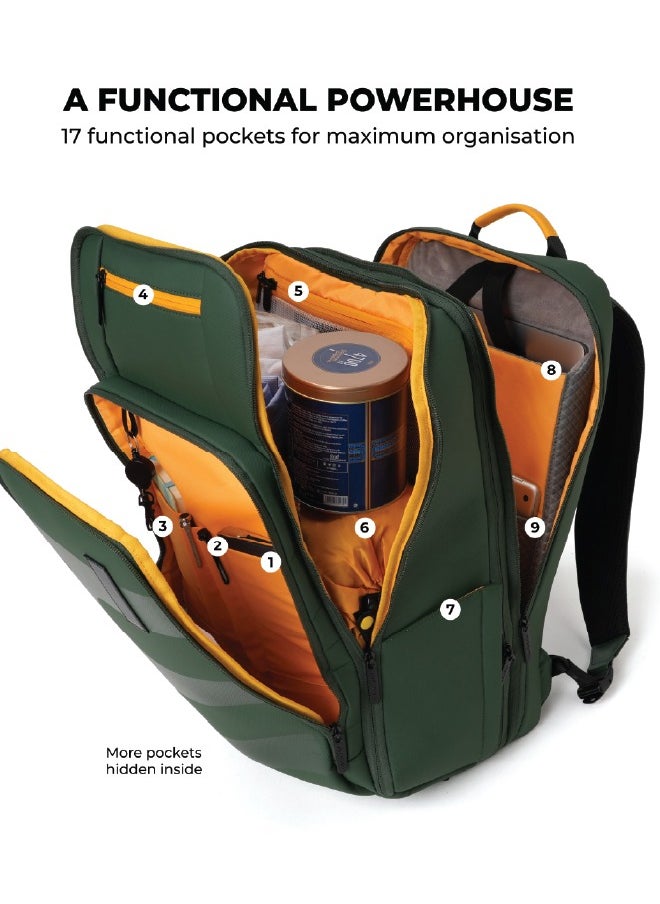 Mokobara MOKOBARA The Em Telescope Expandable Backpack - Green, Water-Resistant 15.6" Laptop Bag with Luggage Sleeve for Work, Travel, and Daily Use (Green Energy)  - Image 2