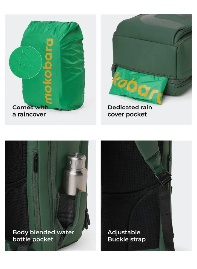 Mokobara The Em Telescope Expandable Backpack - Green, Water-Resistant 15.6" Laptop Bag with Luggage Sleeve for Work, Travel, and Daily Use (Green Energy)