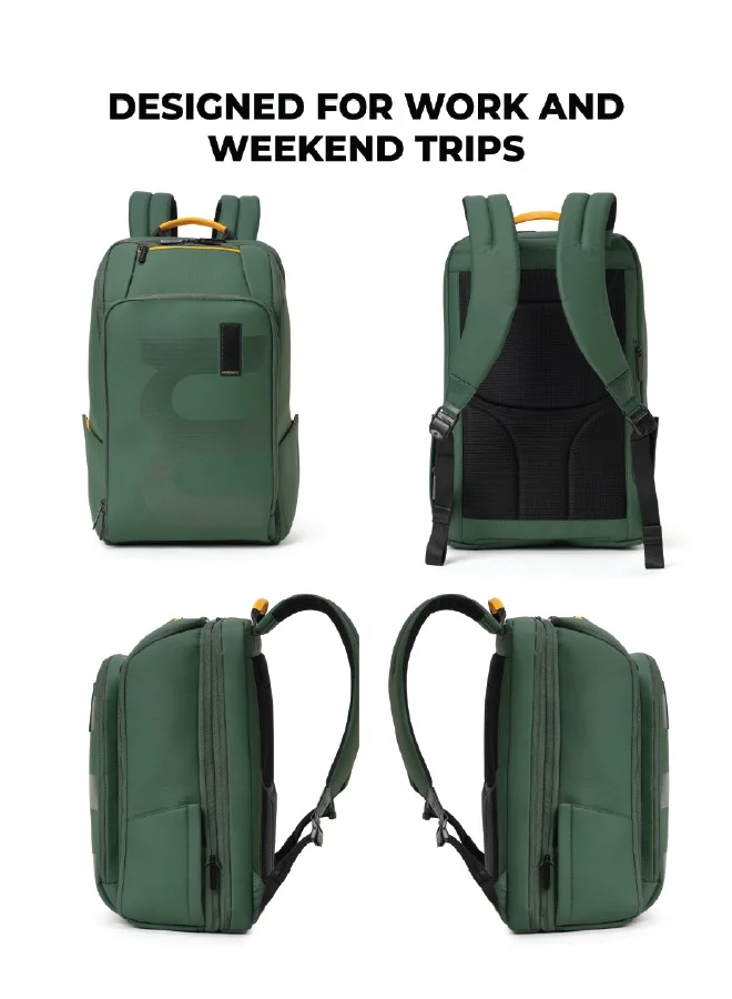Mokobara The Em Telescope Expandable Backpack - Green, Water-Resistant 15.6" Laptop Bag with Luggage Sleeve for Work, Travel, and Daily Use (Green Energy)