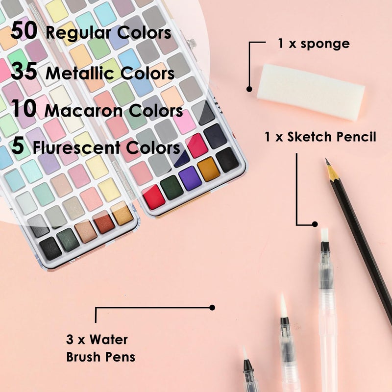 Grabie 100 Colors Watercolor Paint Set - 50 Regular, 35 Metallic, 10 Macaron and 5 Fluorescent Colors - Portable with Carrying Case, Water Brush Pens, and Accessories - For Beginners and Professionals - Image 3