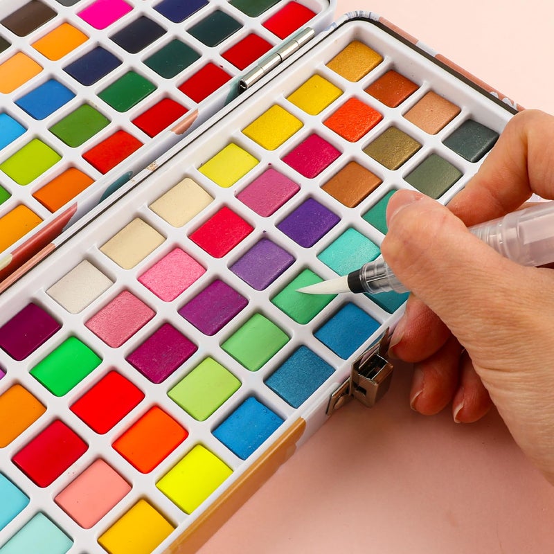 Grabie 100 Colors Watercolor Paint Set - 50 Regular, 35 Metallic, 10 Macaron and 5 Fluorescent Colors - Portable with Carrying Case, Water Brush Pens, and Accessories - For Beginners and Professionals - Image 4