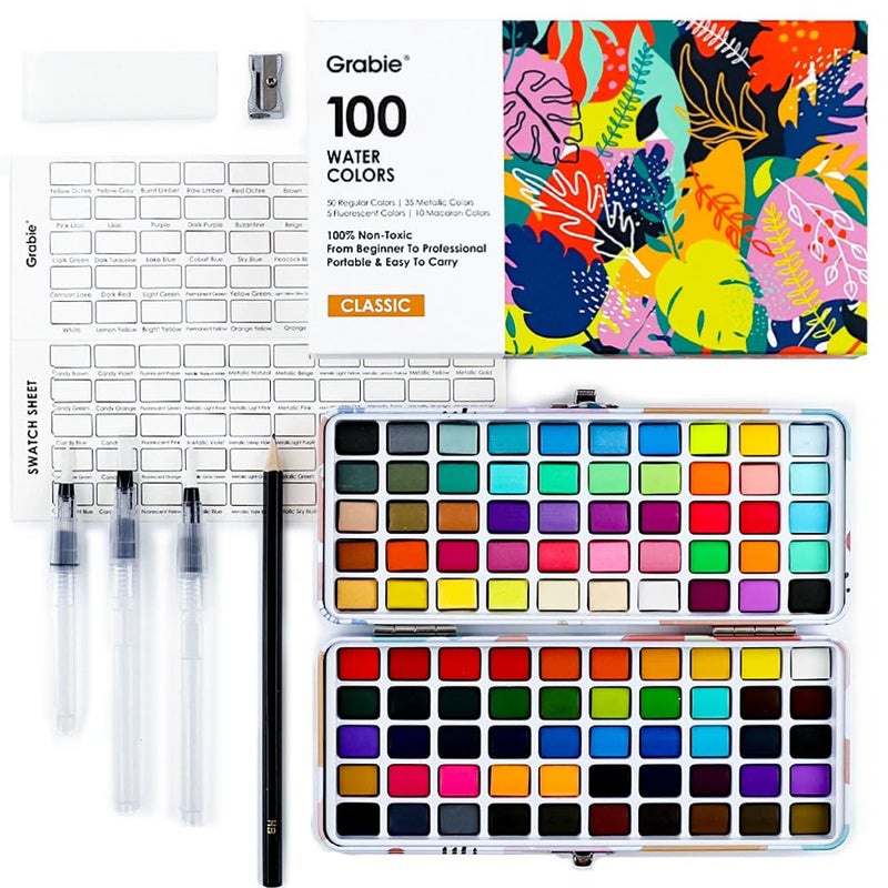 Grabie 100 Colors Watercolor Paint Set - 50 Regular, 35 Metallic, 10 Macaron and 5 Fluorescent Colors - Portable with Carrying Case, Water Brush Pens, and Accessories - For Beginners and Professionals - Image 1