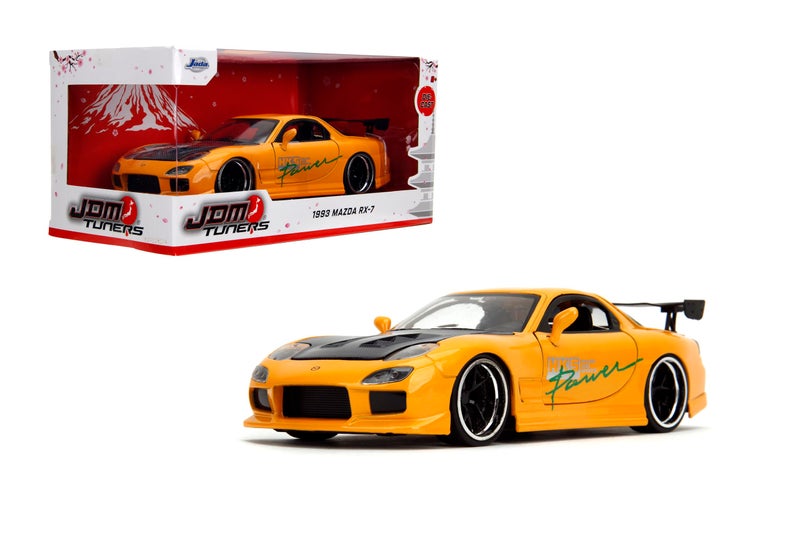 Jada Toys JDM Tuners 1:24 Scale Die-Cast 1993 Mazda RX-7 (FD) HKS, Opening Doors, Detailed Interior, Rubber Tires, Collectible for Ages 8+(Yellow Orange) - Image 1