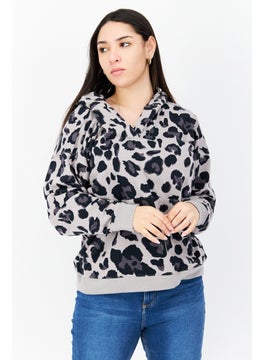 Women Hooded Long Sleeve Animal Print Sweatshirt, Black Combo