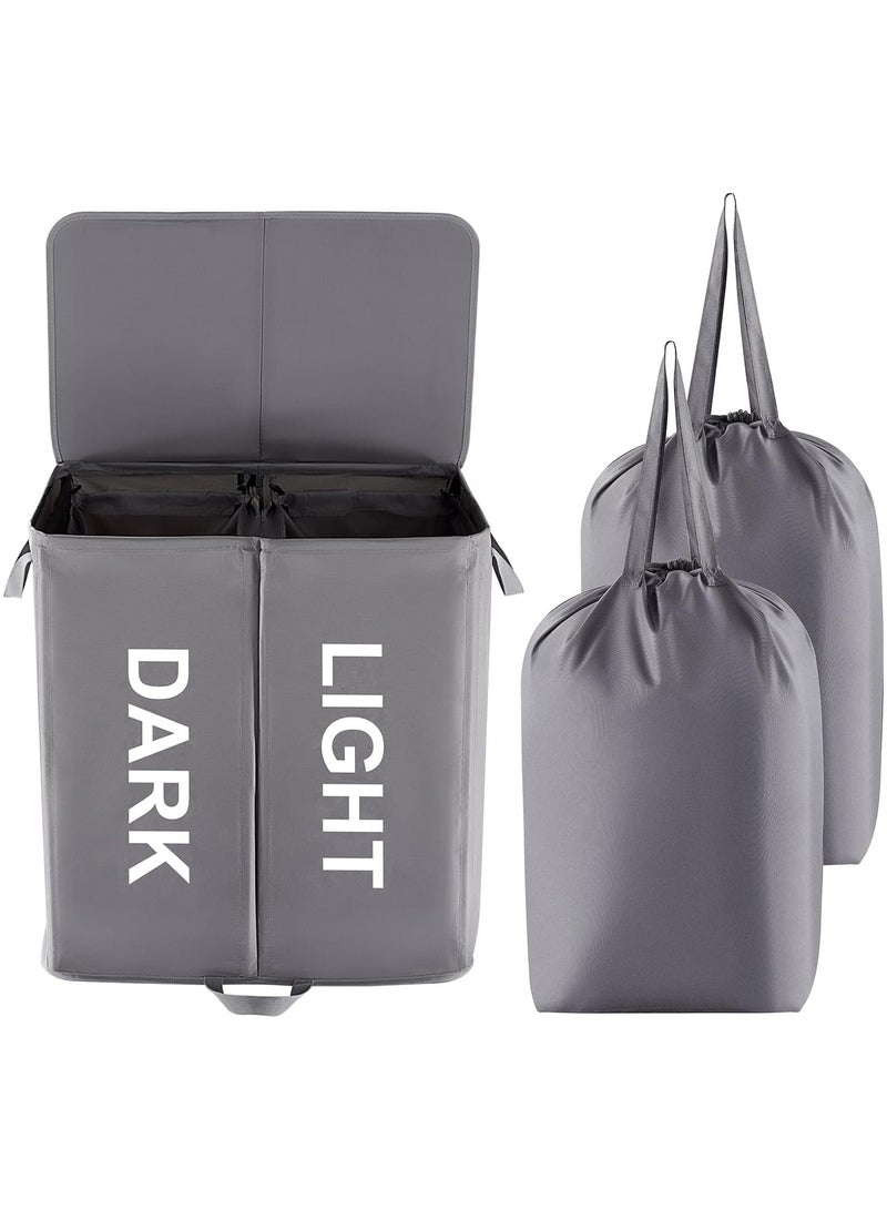 عام سلة غسيل مزدوجة سعة 136 لترًا مع غطاء وأكياس غسيل قابلة للإزالة، سلة غسيل كبيرة مقسمة، سلة غسيل قابلة للطي مكونة من قسمين مع مقابض - Image 1