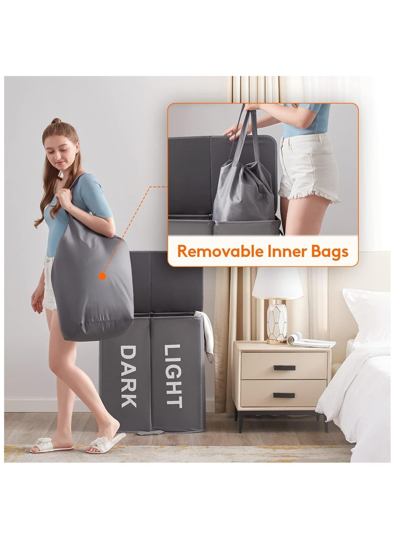 عام سلة غسيل مزدوجة سعة 136 لترًا مع غطاء وأكياس غسيل قابلة للإزالة، سلة غسيل كبيرة مقسمة، سلة غسيل قابلة للطي مكونة من قسمين مع مقابض - Image 5