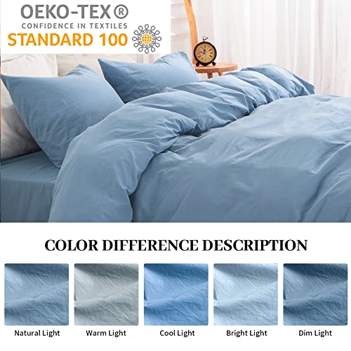 NEXHOME PRO Duvet Cover Set Queen Size Linen Look Textured Organic Natural 100% Washed Cotton Duvet Cover Blue 3 Pieces Bedding Set with Zipper Closure and Corner Ties, Breathable (No Comforter) - Image 4