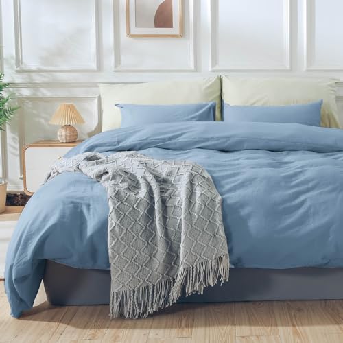 NEXHOME PRO Duvet Cover Set Queen Size Linen Look Textured Organic Natural 100% Washed Cotton Duvet Cover Blue 3 Pieces Bedding Set with Zipper Closure and Corner Ties, Breathable (No Comforter) - Image 2