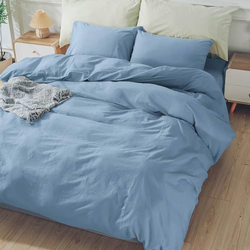 NEXHOME PRO Duvet Cover Set Queen Size Linen Look Textured Organic Natural 100% Washed Cotton Duvet Cover Blue 3 Pieces Bedding Set with Zipper Closure and Corner Ties, Breathable (No Comforter) - Image 3