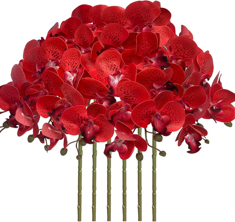 FagusHome 32 Inch Artificial Phalaenopsis Flowers 6 Pcs Artificial Orchid Flowers Stem Plants for Home Décor (Red Piebald) - Image 1